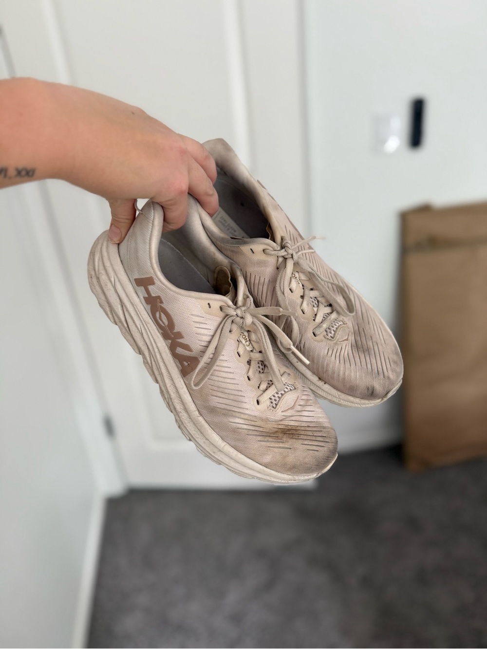 Hoka Women's Running Shoes in Light Beige with Taupe Logo